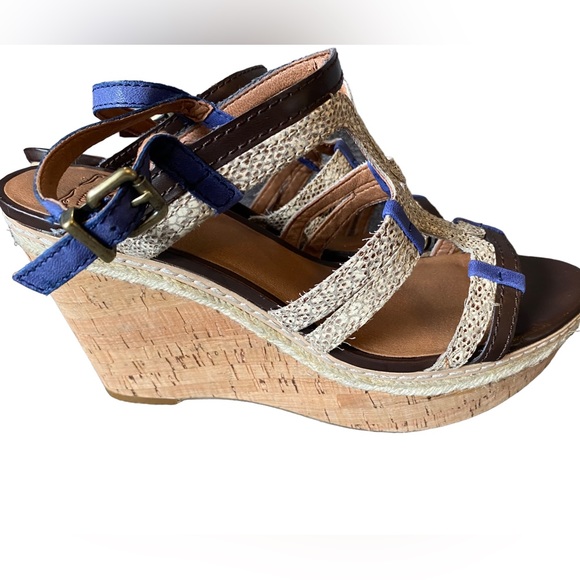 Lucky blue snakeskin & brown strappy open toe wedge sandals cork espadrilles 8.5 - Picture 5 of 9